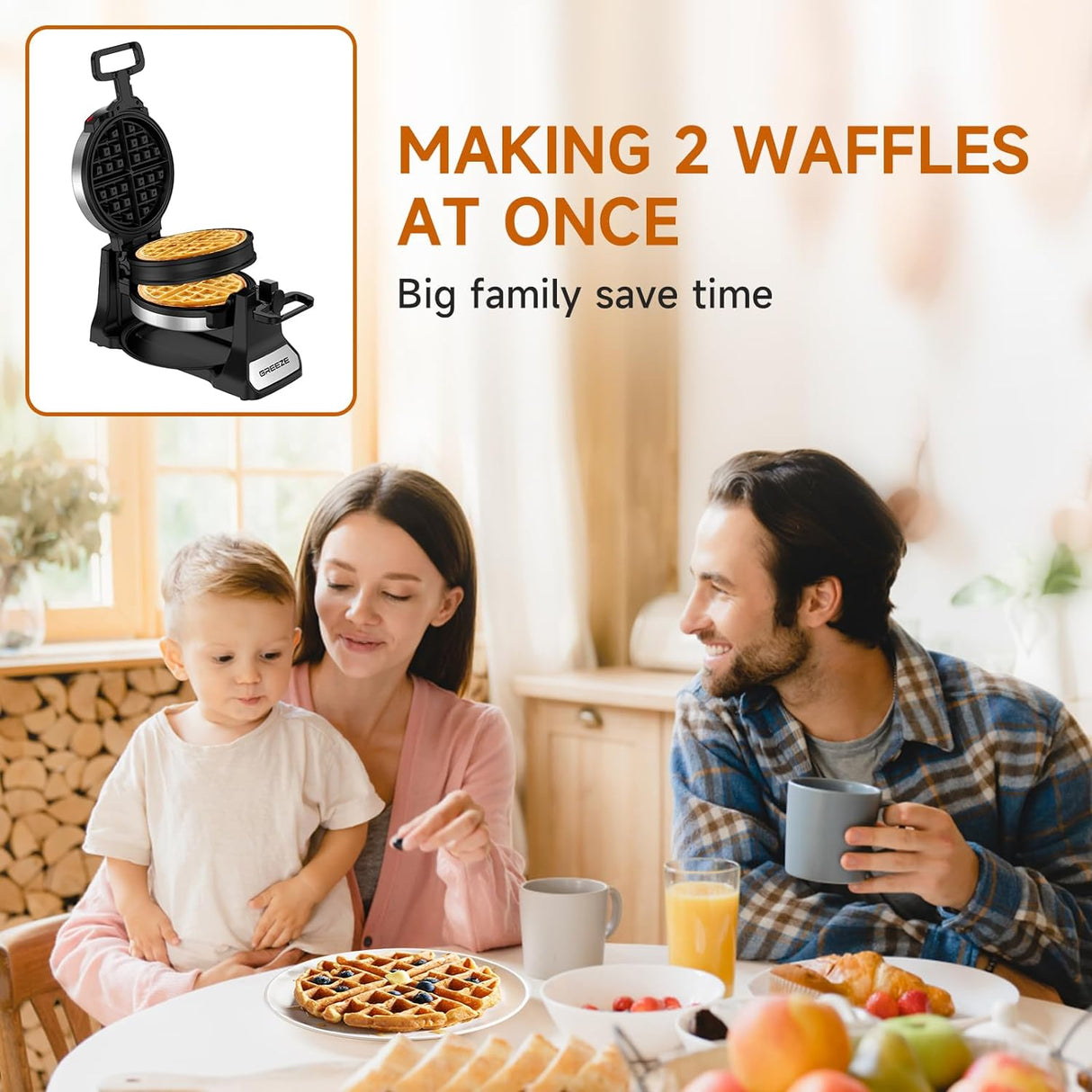 Máquina de Waffles Doble, 180° Rotativa, Placas Antiadherentes