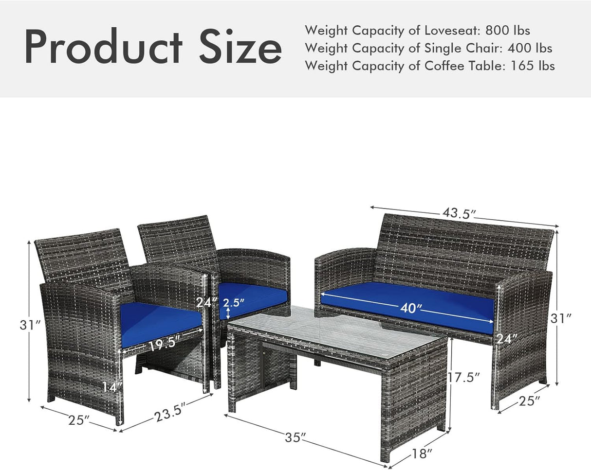 Goplus Juego de muebles de ratán de 4 piezas, sofá de conversación de mimbre para exteriores con cojines resistentes a la intemperie y mesa de vidrio templado para césped, patio, piscina, jardín (azul)