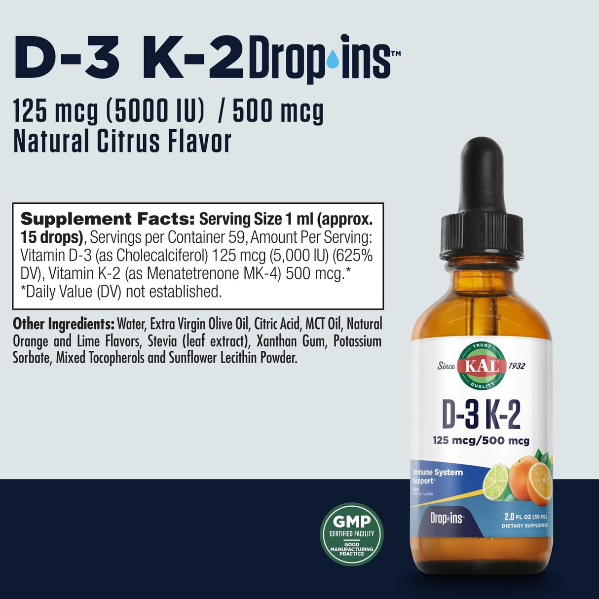 KAL D3 K2 Drops Liquid Vitamina D3 K2 125/500 mcg
