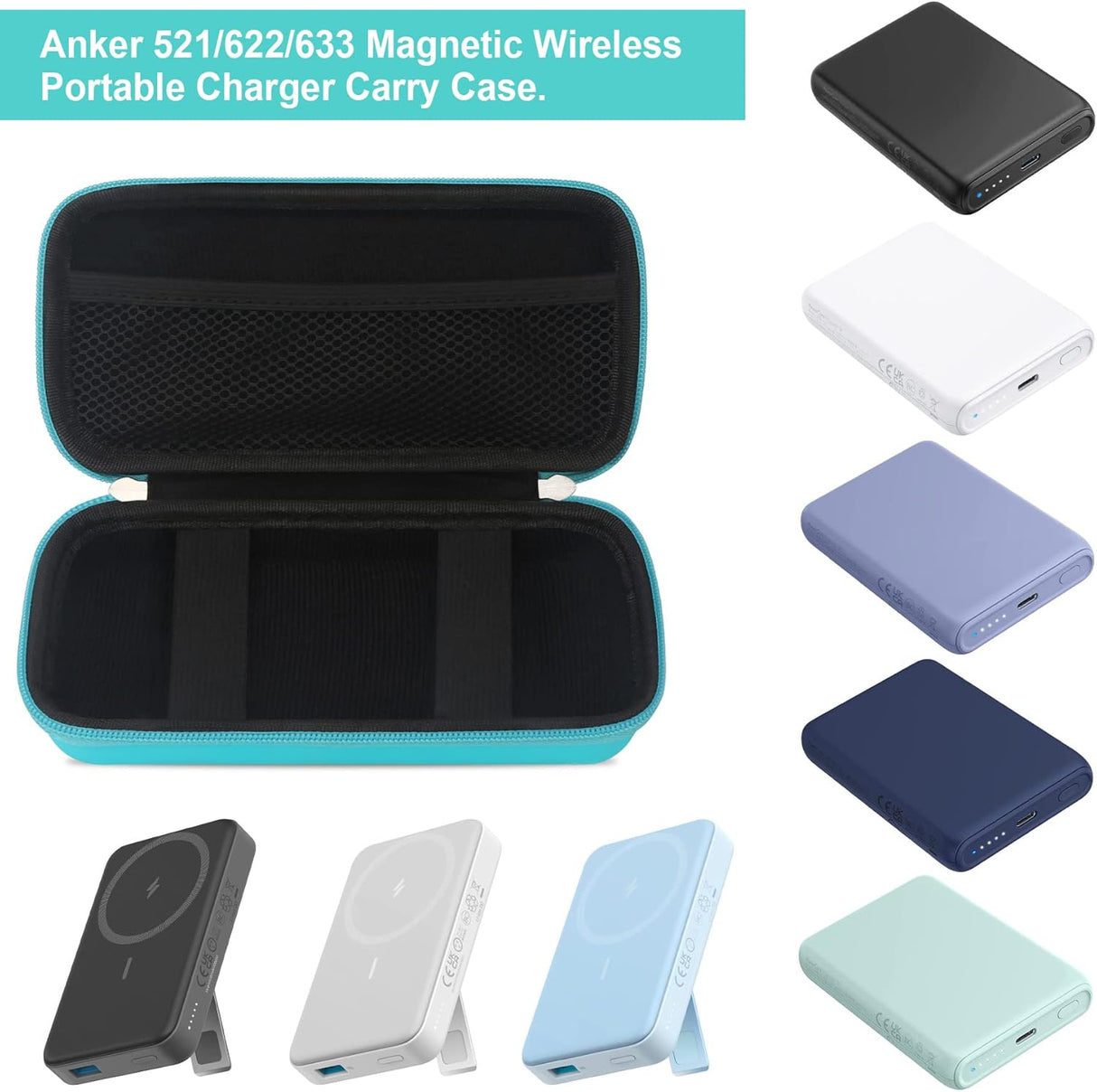 Elonbo Estuche rígido de viaje para Anker 622/633 / 521 batería magnética (MagGo), cargador portátil inalámbrico plegable magnético de almacenamiento de banco de energía, bolsillo de malla adicional para cable de carga, turquesa