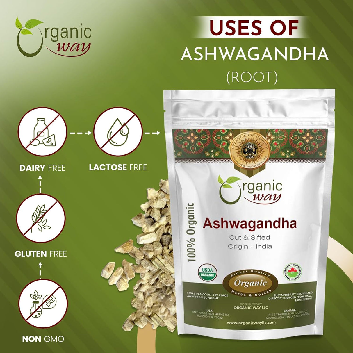Raíz de Ashwagandha Orgánica - Organic Way | 1/2 LBS, Vegan