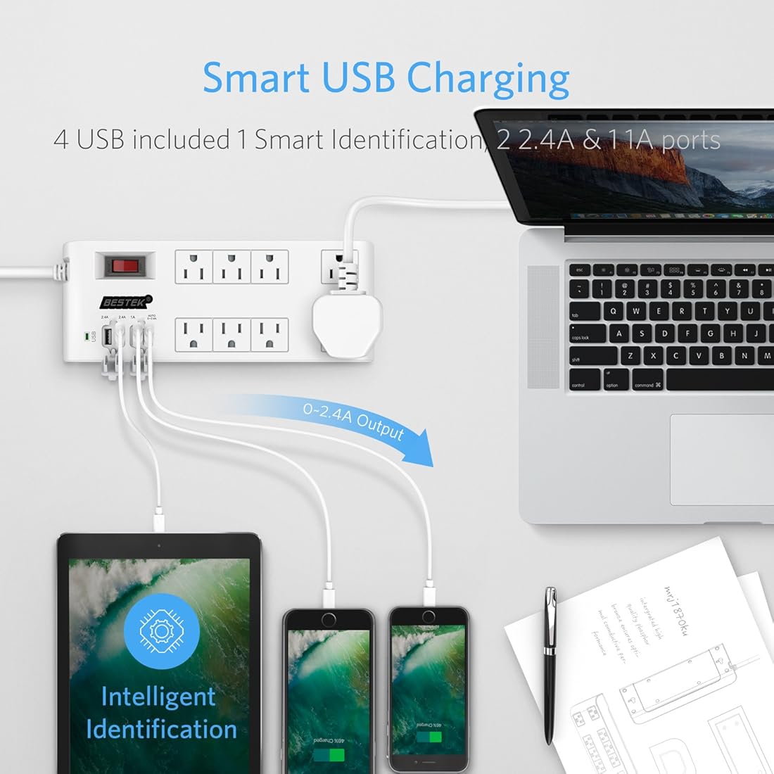 BESTEK 8-Outlet Surge Protector Power Strip con 4 puertos