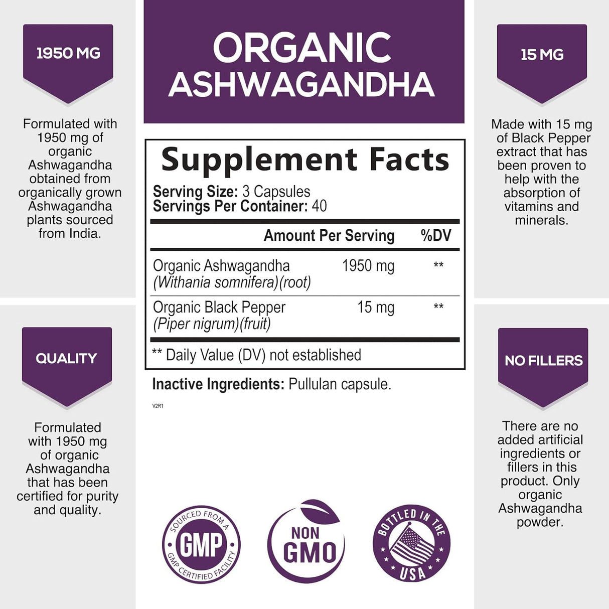 Suplemento Orgánico de Ashwagandha 1950 mg - 120 Cápsulas