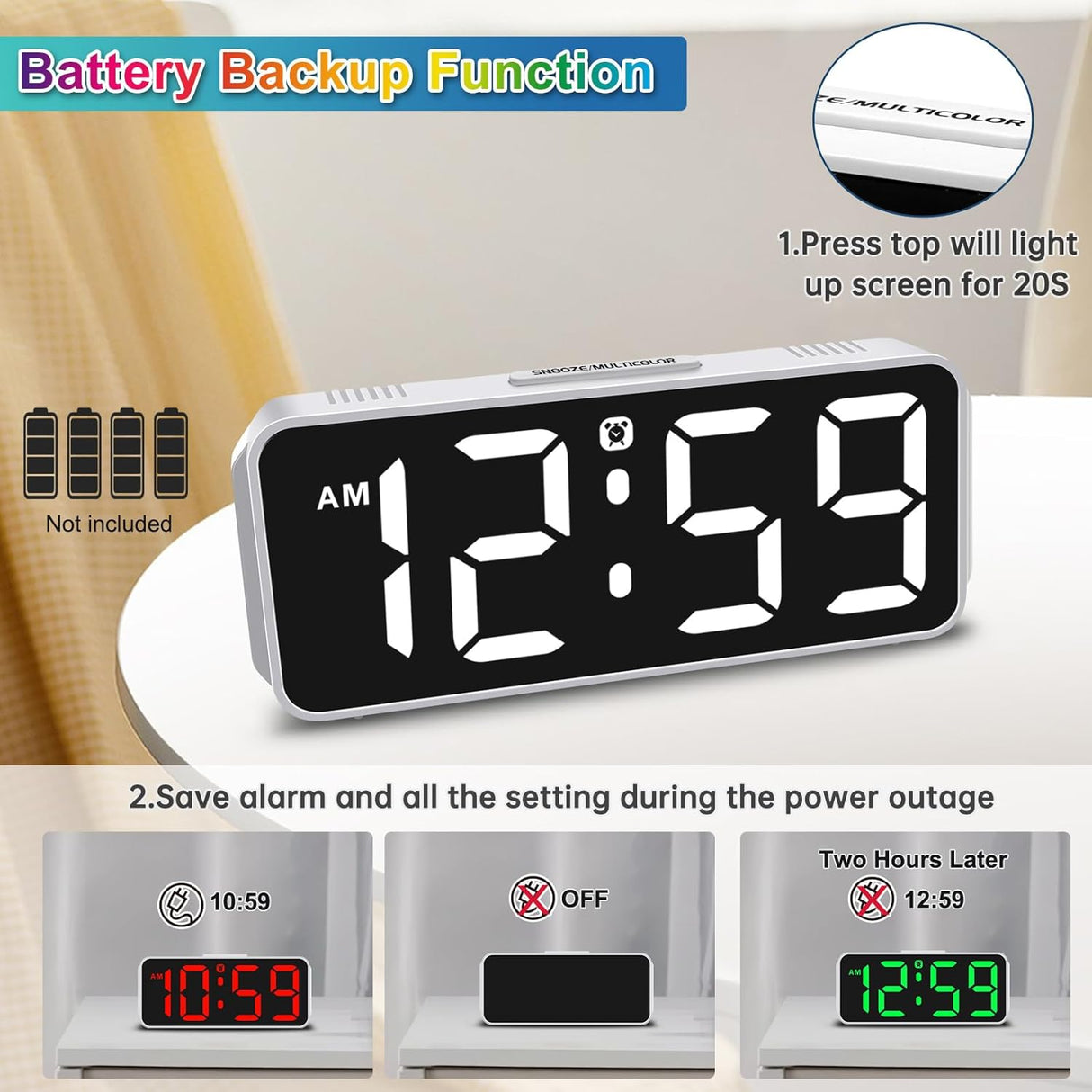 Reloj Despertador Digital Pequeño, Pantalla RGB, Dimmable