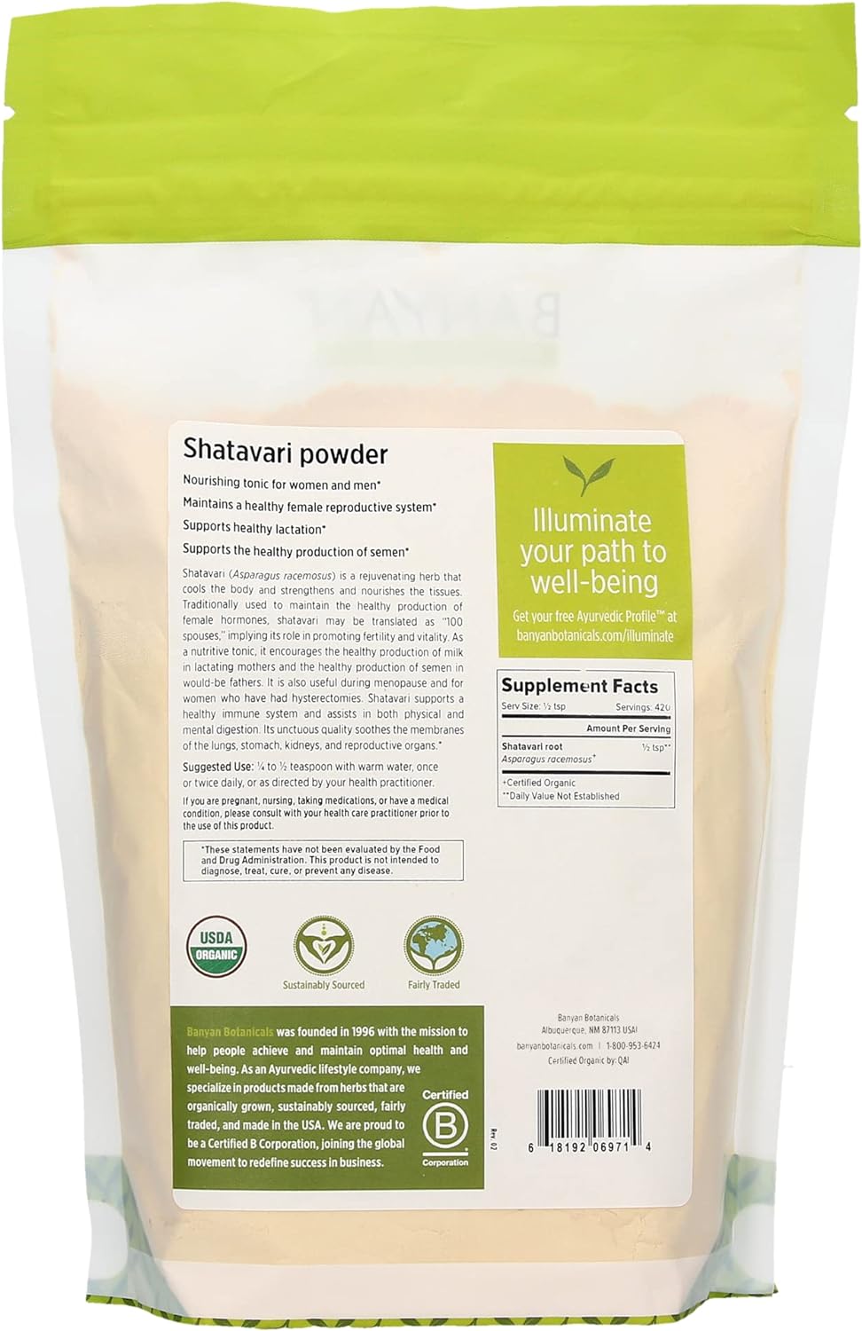 Banyan Botanicals polvo de Asparagus racemosus orgánico USDA