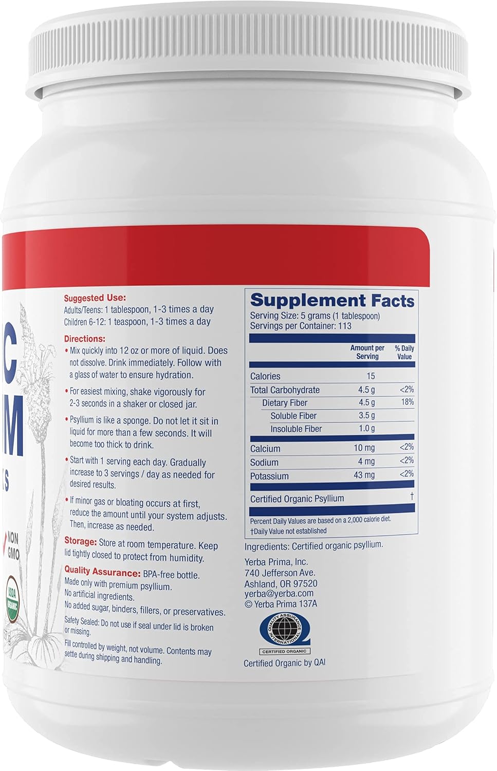 Yerba Prima Psyllium Natural - Fibra Dietética 20 oz