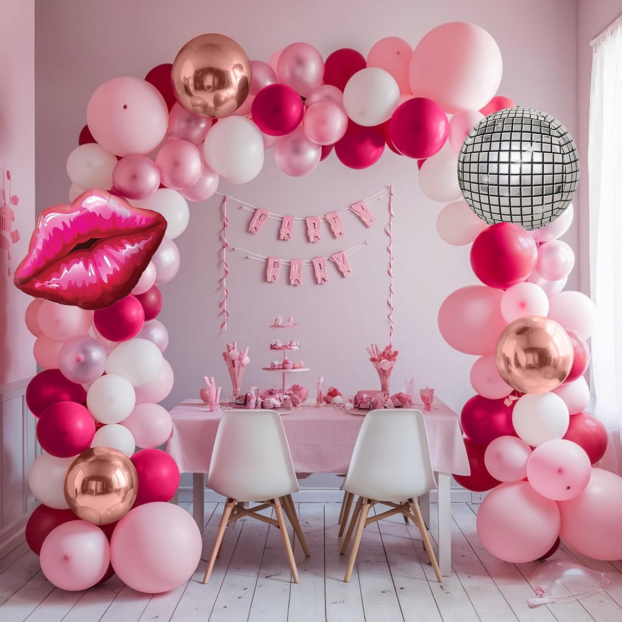 Arco Decorativo para Fiesta con Globos y Bolas de Disco