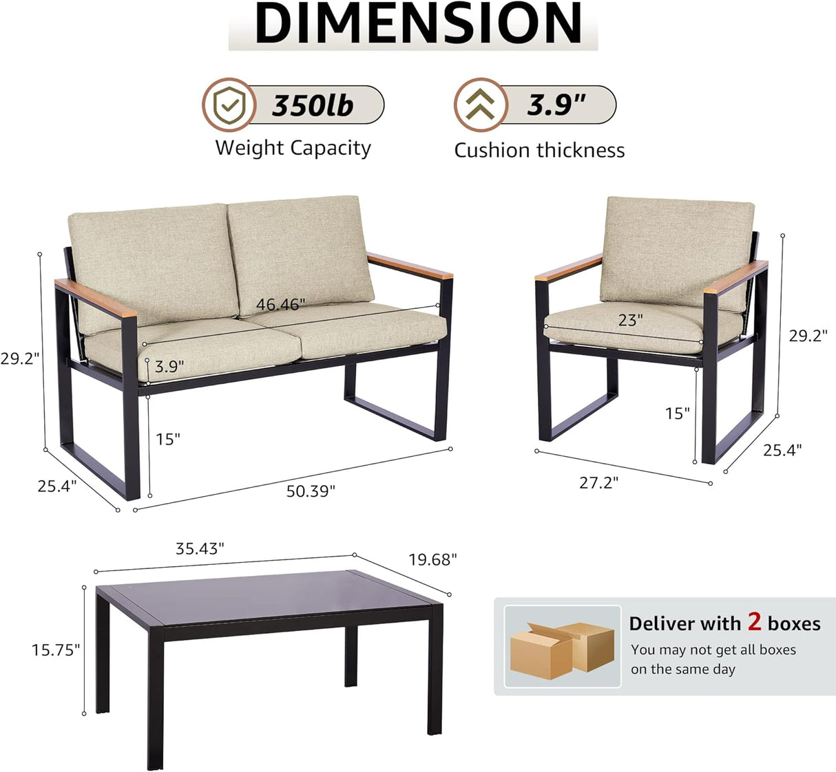 NATURAL EXPRESSIONS Juego de muebles de patio de 4 piezas, muebles de metal para exteriores, muebles seccionales al aire libre, juego de conversación de patio con pasamanos de madera, malla de cabestrillo, cojines de olefina de textura gruesa