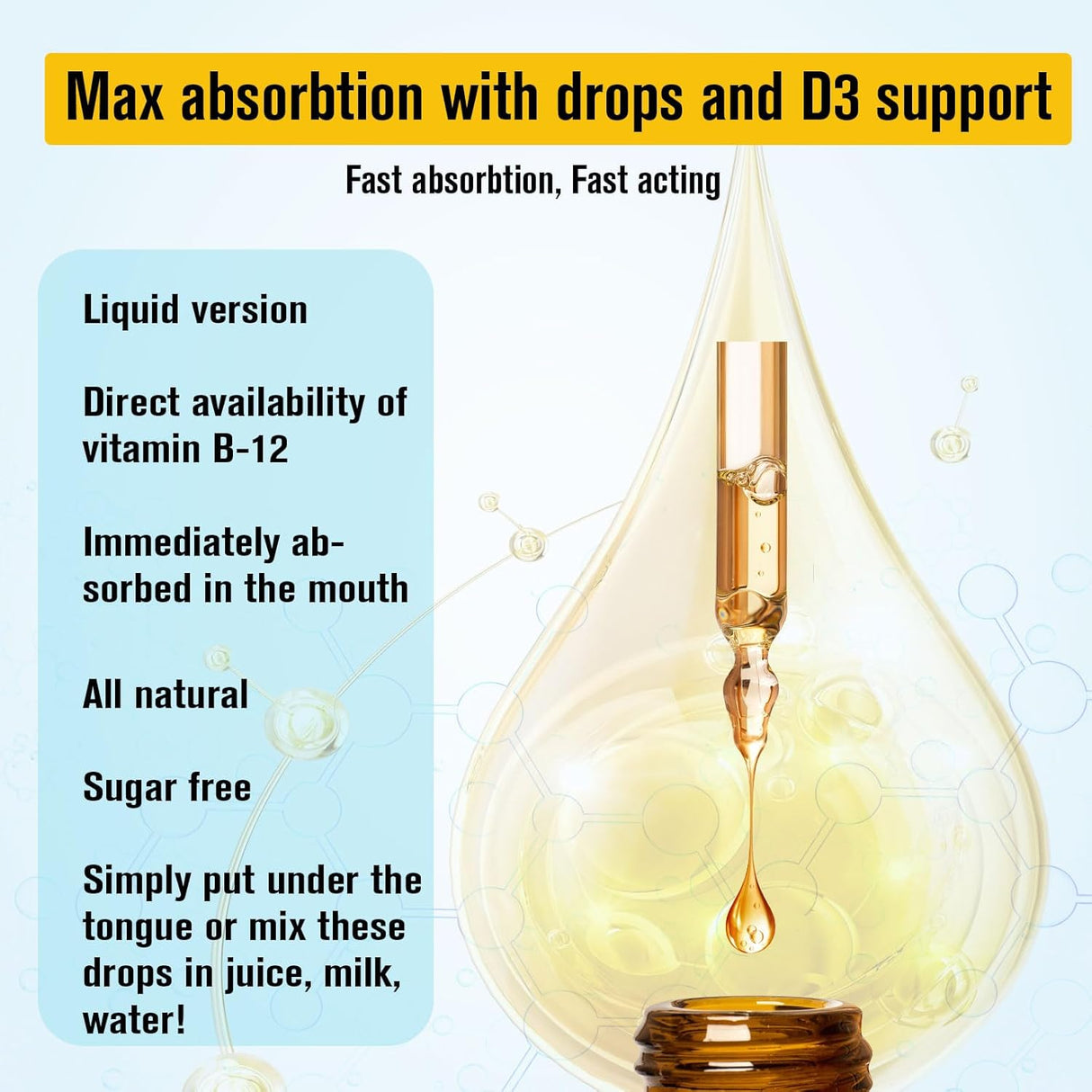Vitamin B12 Líquido Sublingual 10,000mcg, D3, B9, Calcio, Vegano
