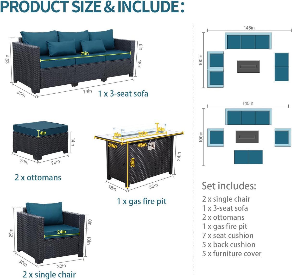 Muebles de patio para exteriores, 60000 BTU, juego de mesa para fogata de propano para exteriores, juego de muebles de patio de 45 pulgadas, 6 piezas, sofá de patio, sillas de exterior, cojines antideslizantes, fundas impermeables, color azul pavo real