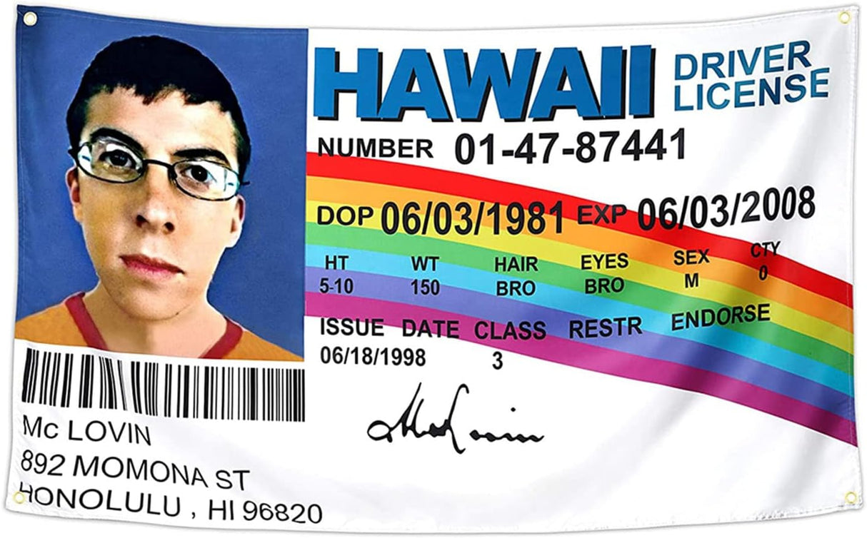 Bandera de Licencia de Conducir McLovin, Duradera y Divertida