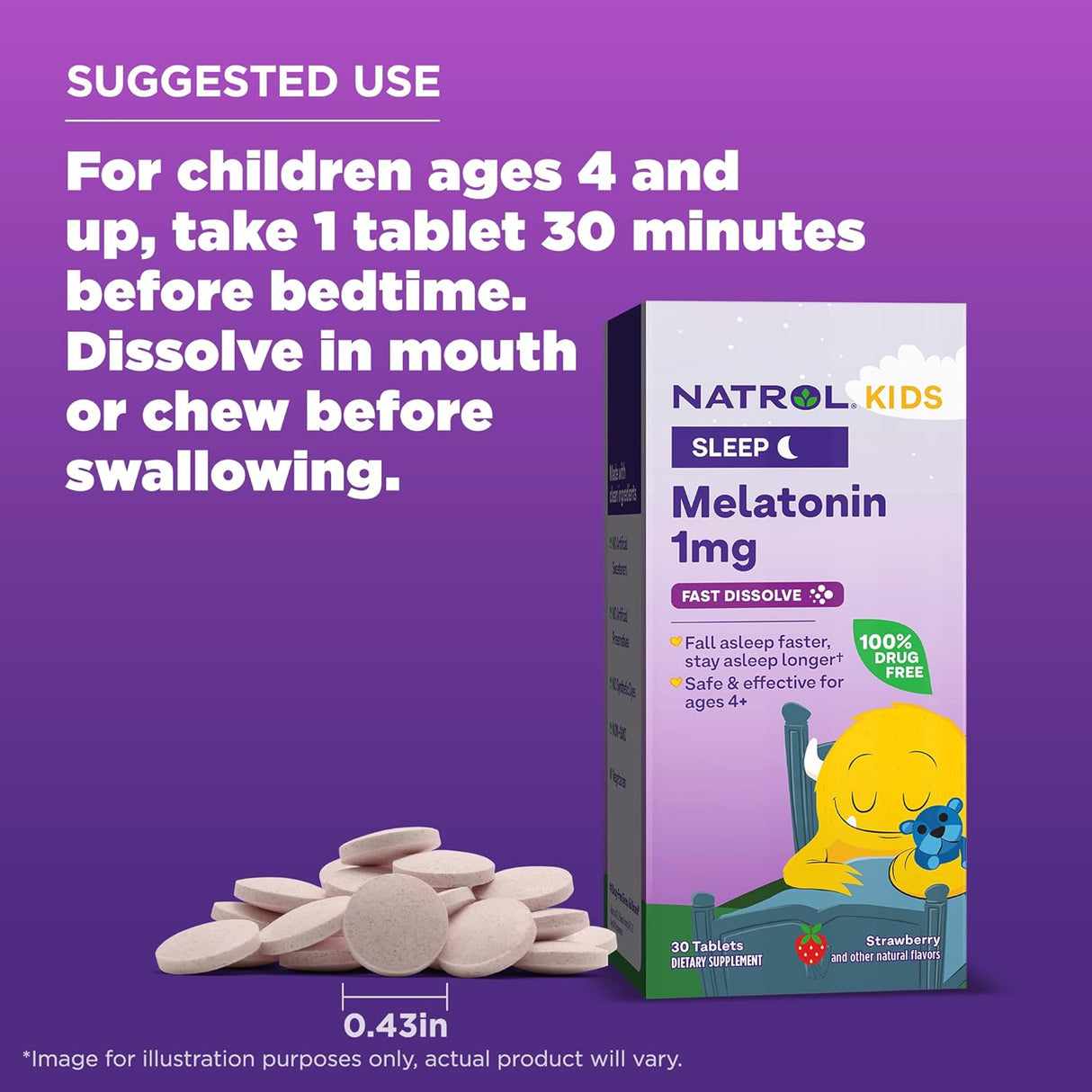 Melatonina Natrol Kids 1 mg, 30 tabletas de sueño, sabor fresa