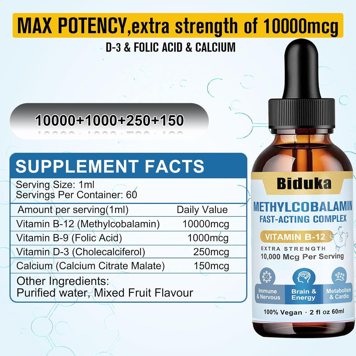 Vitamin B12 Líquido Sublingual 10,000mcg, D3, B9, Calcio, Vegano