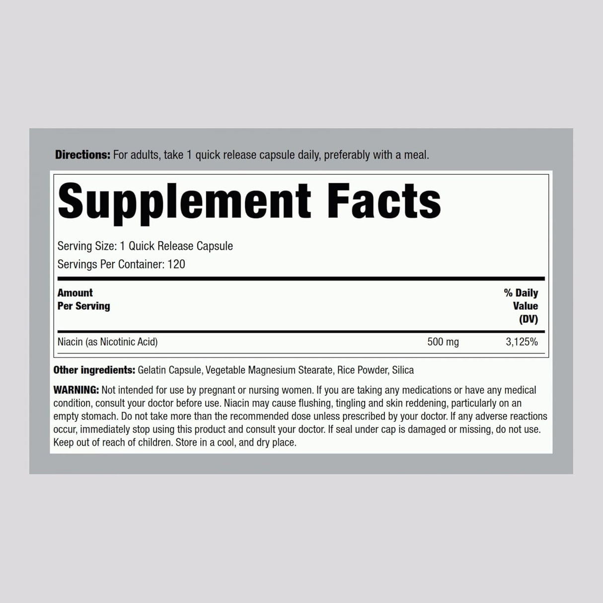 Niacina 500mg Piping Rock | 120 Cápsulas | No GMO, Sin Gluten