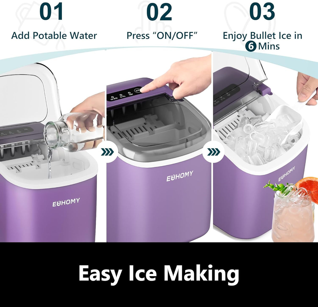 Máquina de Hielo EUHOMY 26lbs/día, 9 cubos en 6 mins, portátil