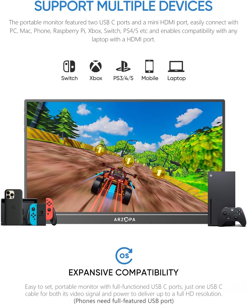 Monitor portátil ARZOPA 15.6'' FHD USB C HDMI HDR S1