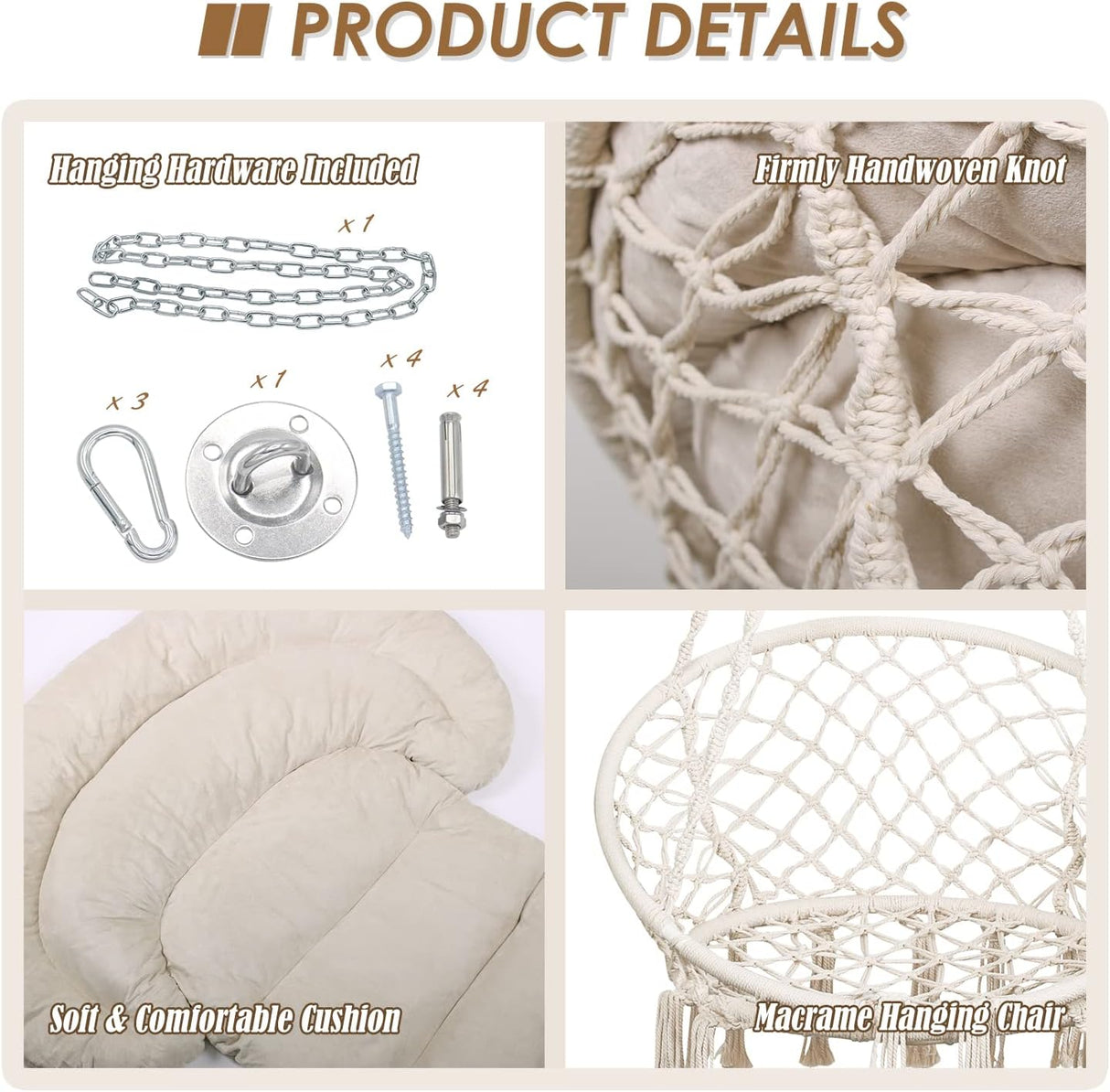 Silla Hamaca de Macramé, Hecho a Mano, con Cojín, Beige