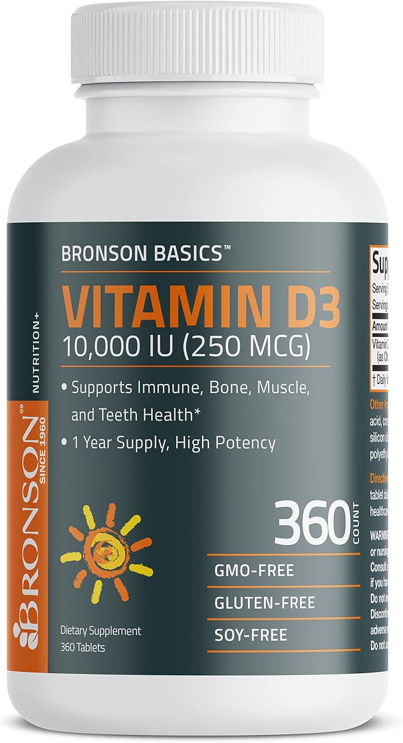 Suplemento de Vitamina D3 10,000 IU Bronson 360 Tabletas Non-GMO