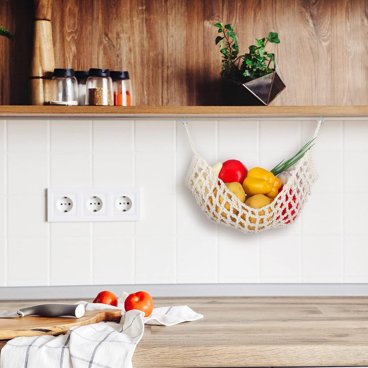 Hamaca de Frutas Macrame, 2 Pcs, 11.8x20 con 4 Ganchos