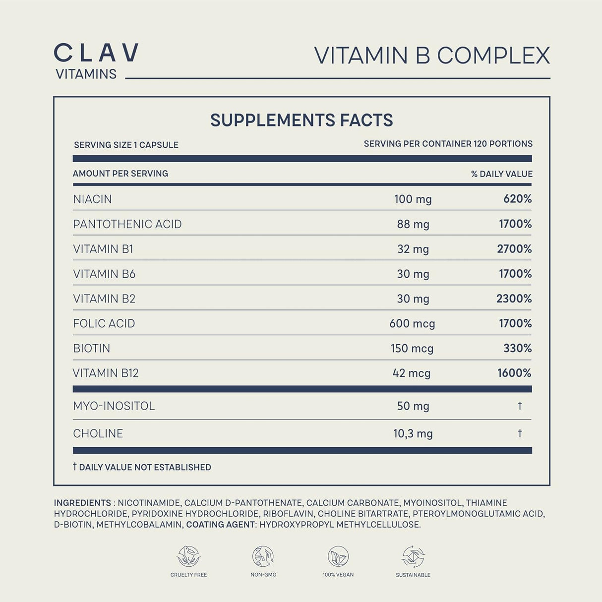 Suplementos Complejo vegano de vitamina B 120 cápsulas