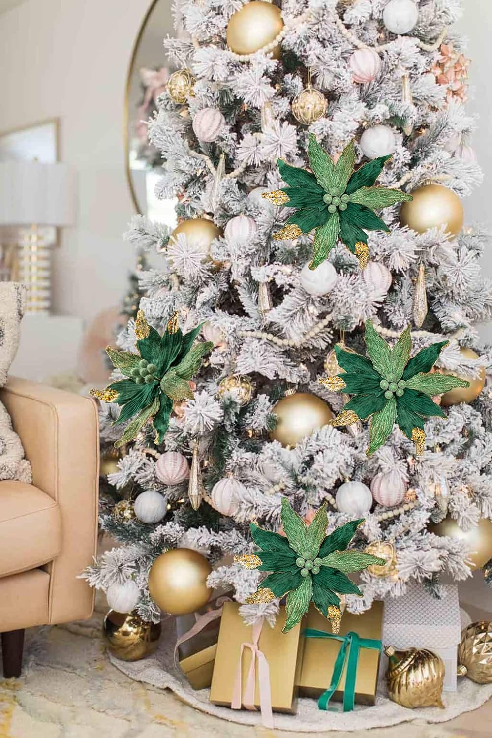 Flores Poinsettia Artificial Briful 12'' Set de 4 para Decorar