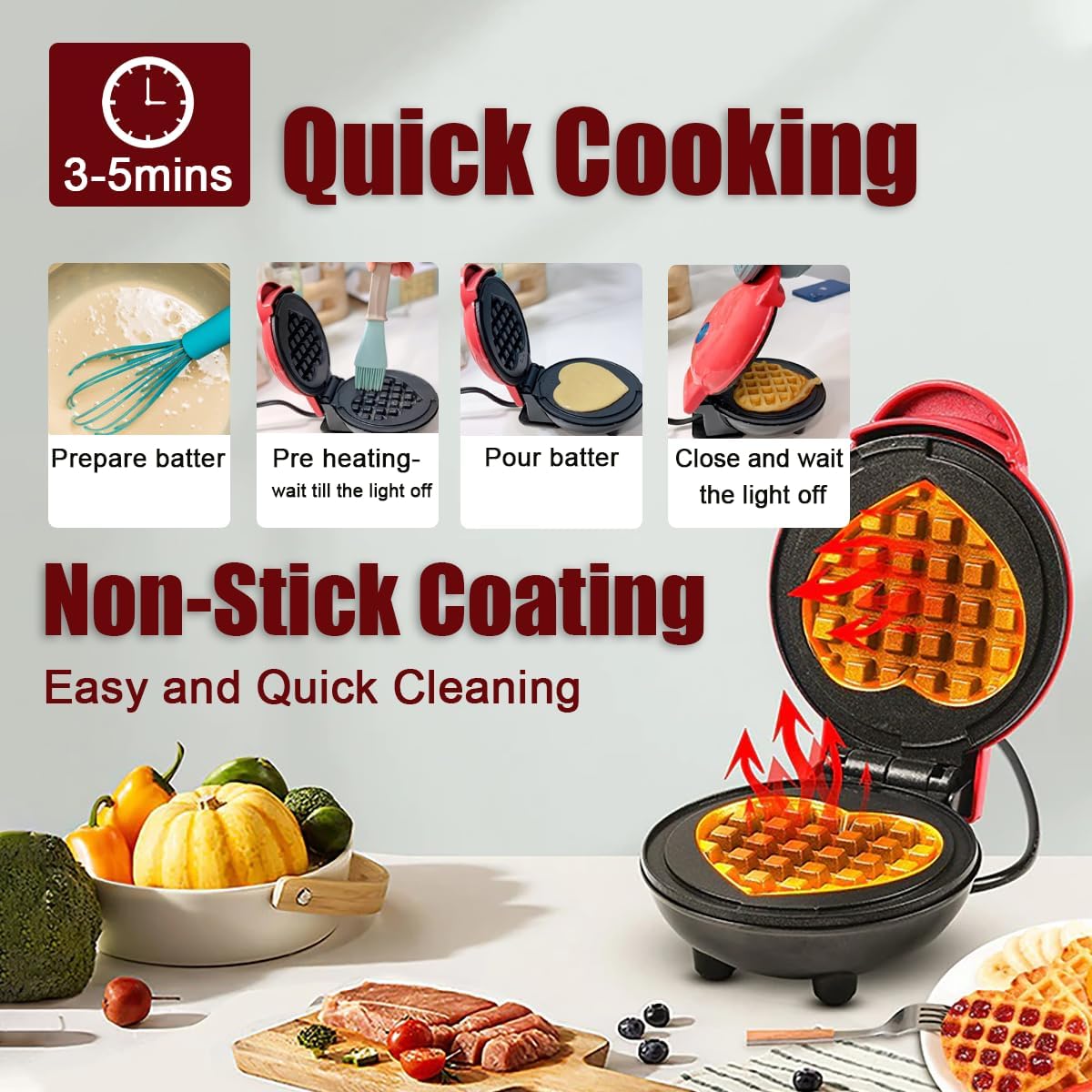 Mini Waffle Maker, diseño corazón, fácil de limpiar, 4 pulgadas