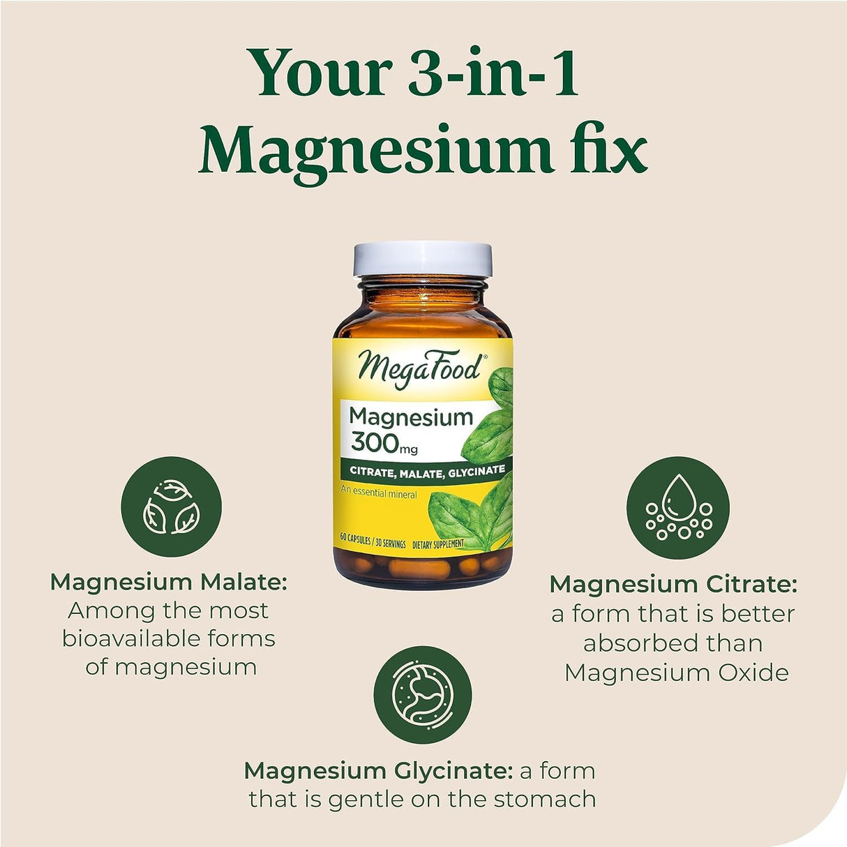 Suplemento MegaFood Magnesio 300 mg de glicinato de magnesio