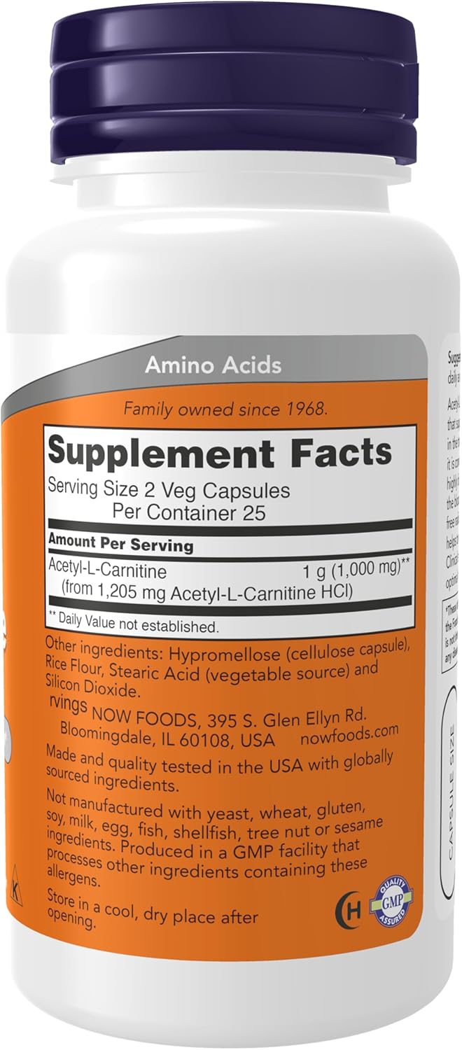 Suplemento Acetil-L Carnitina 500 mg NOW Foods, 50 Veg Caps