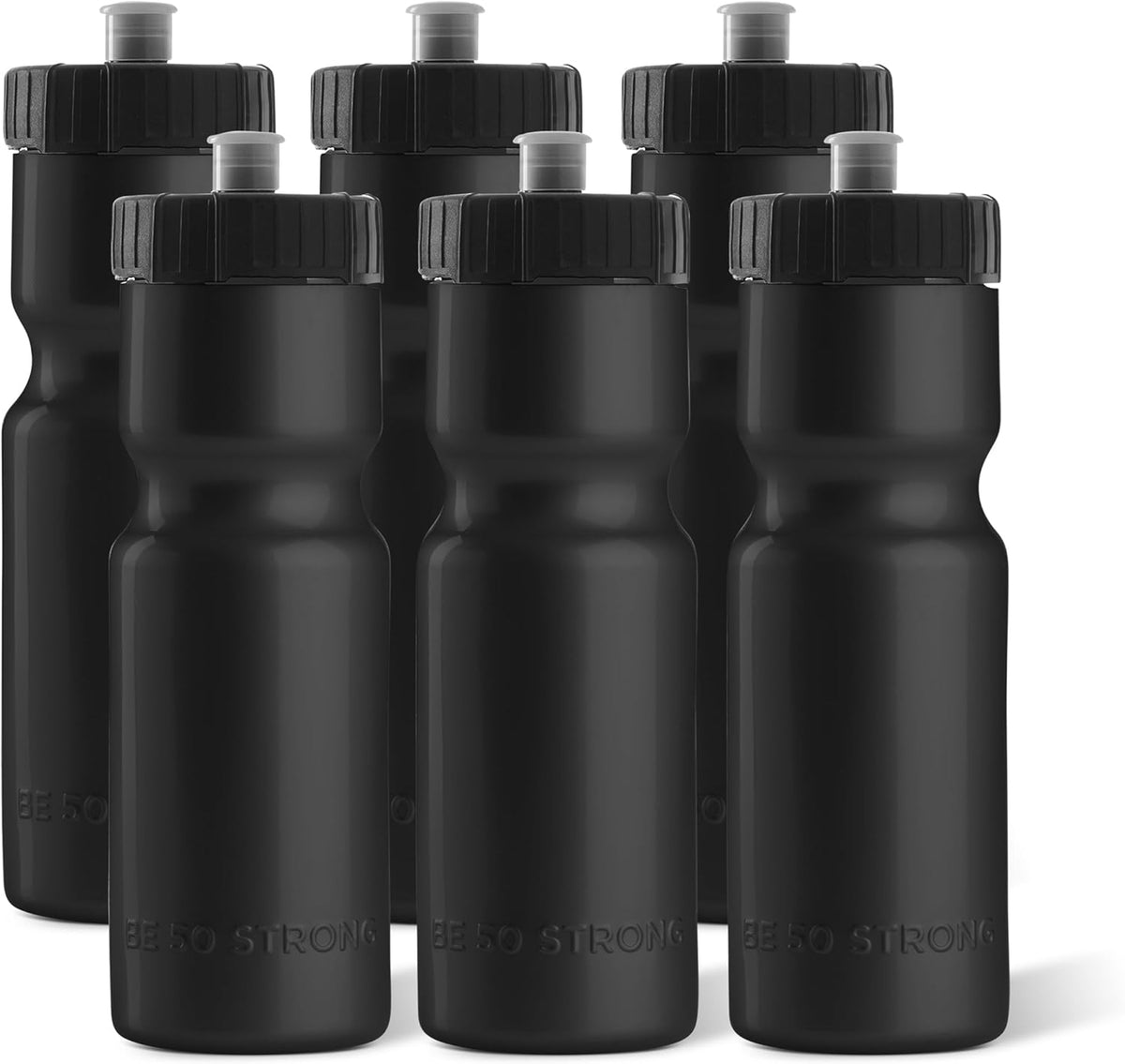 50 Strong - Paquete de 6 botellas de agua para deportes, 22 onzas Botella para bicicleta y deporte sin bisfenol A, con tapa fácil de abrir sin rosca, fabricada en Estados Unidos.