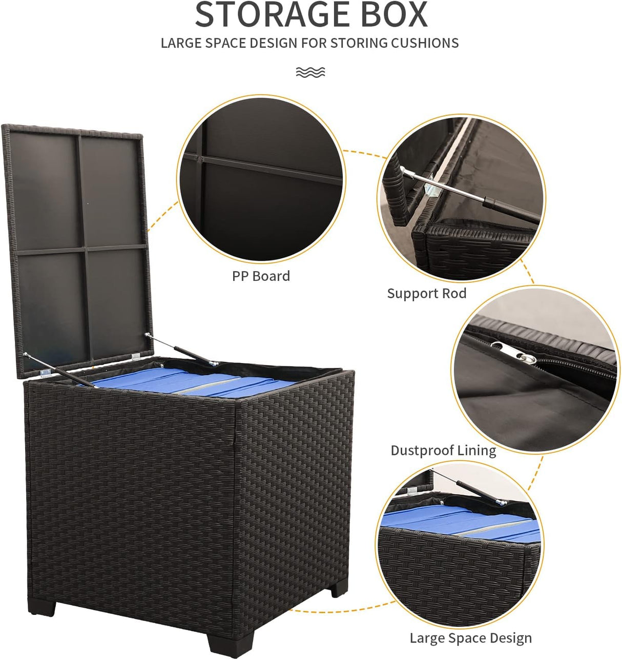 Juego de muebles de mimbre de polietileno para exteriores, 4 piezas, sofá de dos plazas seccionales de ratán negro, sofá de conversación con caja de almacenamiento, mesa superior de vidrio y cojín antideslizante azul rey