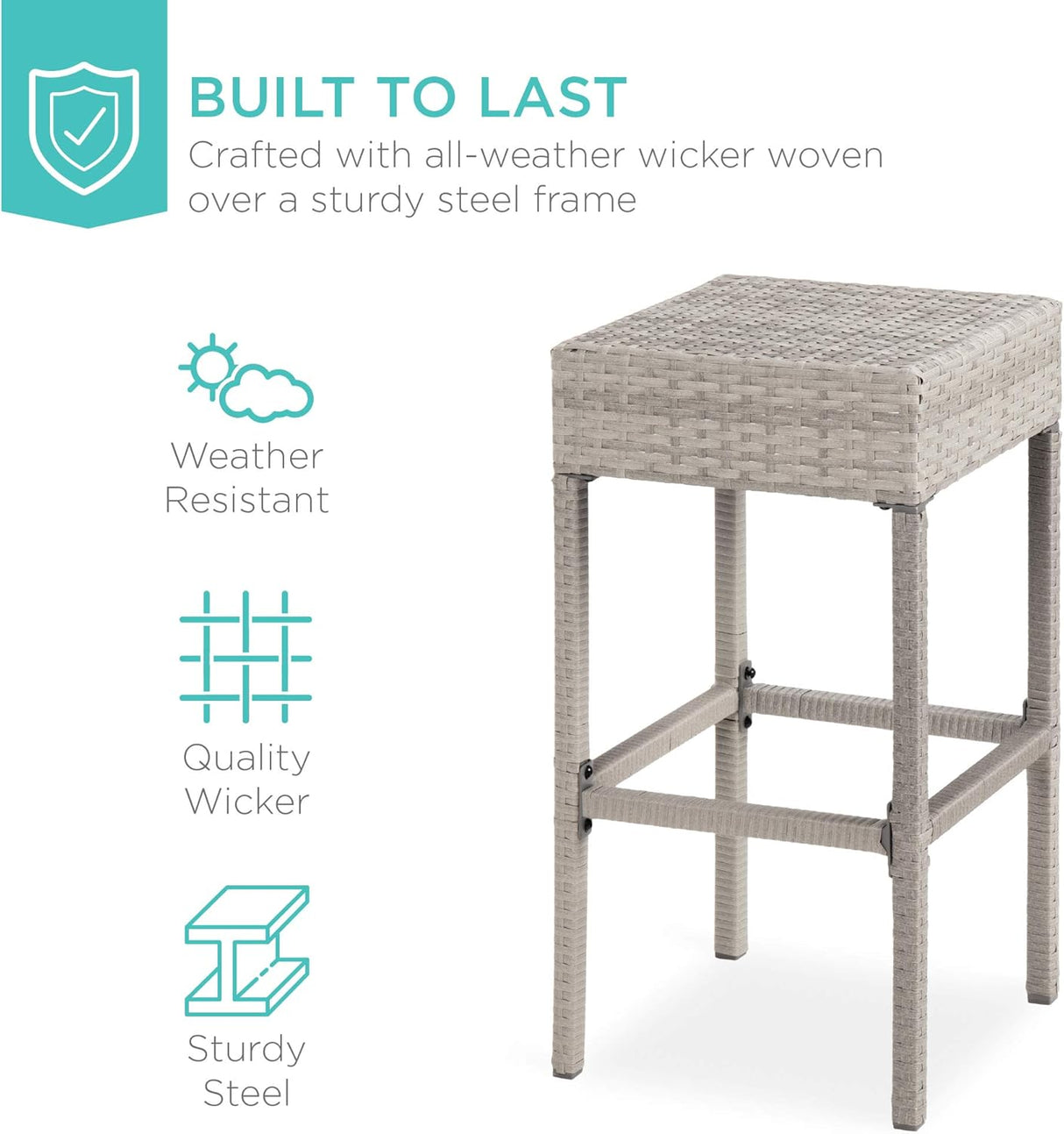 Best Choice Products Juego de mesa de mimbre de 5 piezas para patio, piscina, patio trasero con abridor de botellas integrado, estante de almacenamiento oculto, mesa de metal, 4 taburetes, color gris