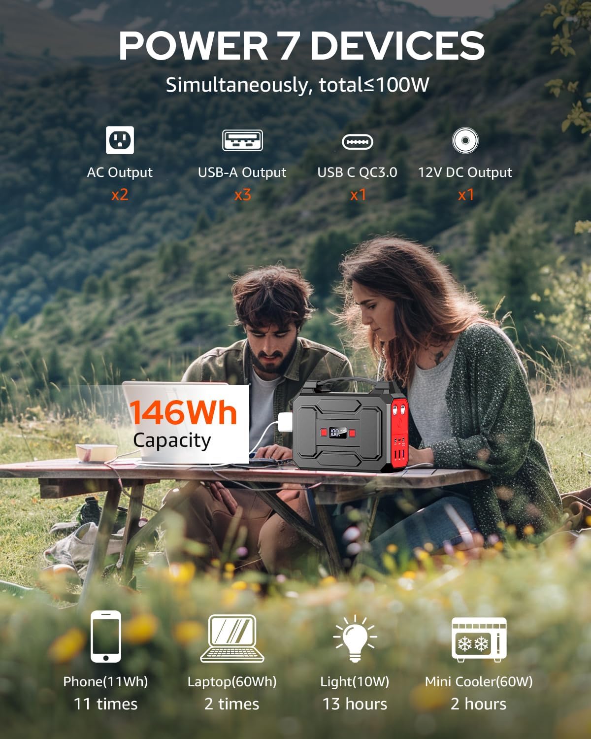 Estación de Energía Portátil 146Wh, 200W Pico, Solar 110V