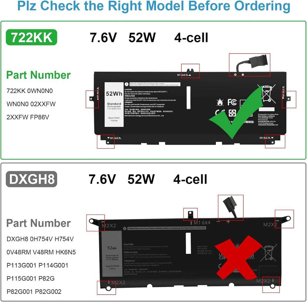 Batería 52Wh 722KK FP86V para Laptop XPS 13 9300/9310/9380