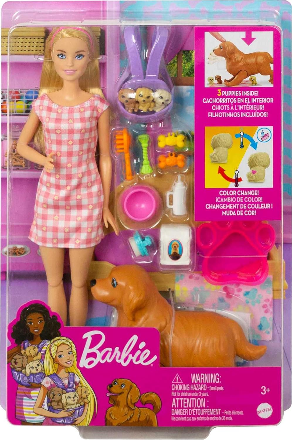 Set de Barbie con mascotas, con cachorro y accesorios, 3 piezas