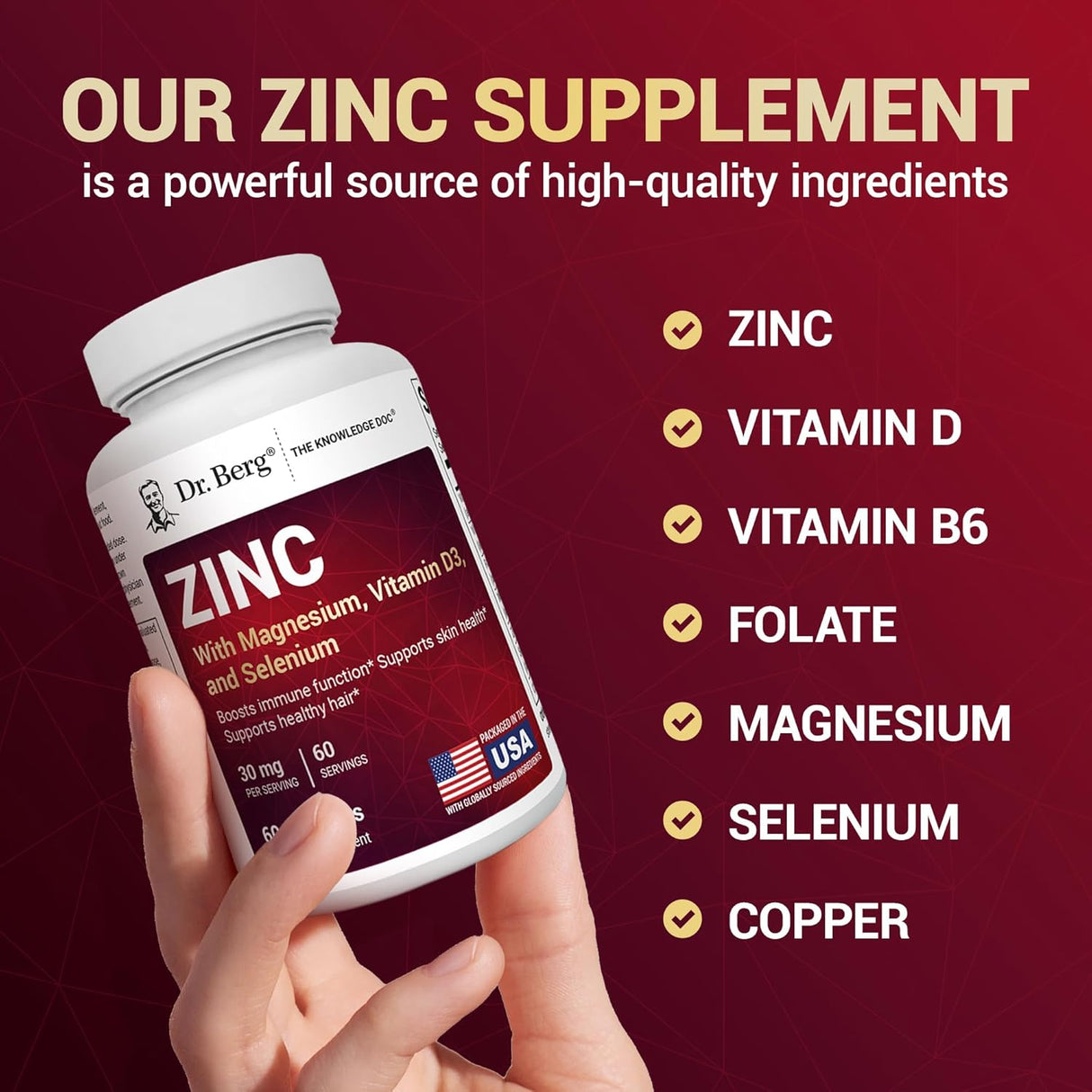 Dr. Berg Zinc 30mg con Magnesio, D3, Selenio y Cobre, 60 cápsulas