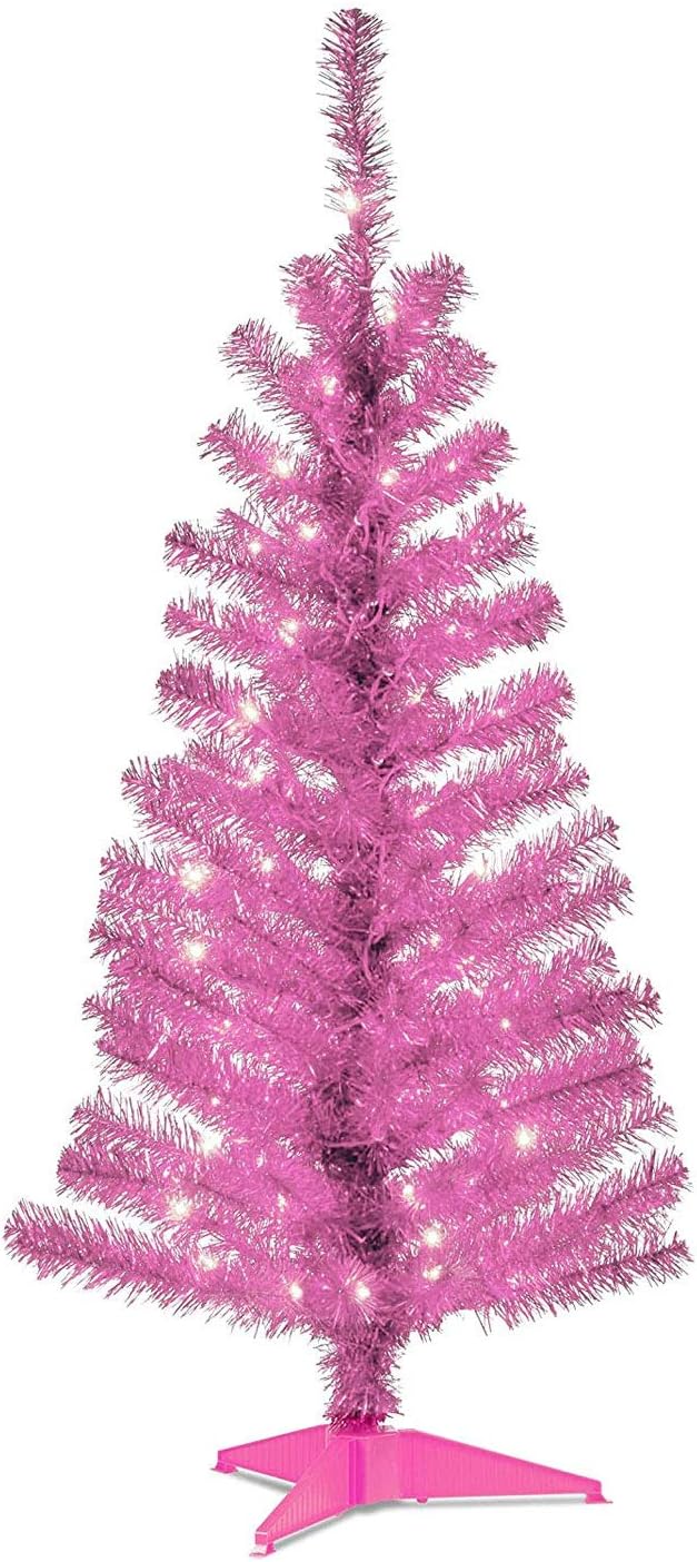 Árbol de Navidad Artificial Preiluminado, Tinsel Rosa, 4 pies