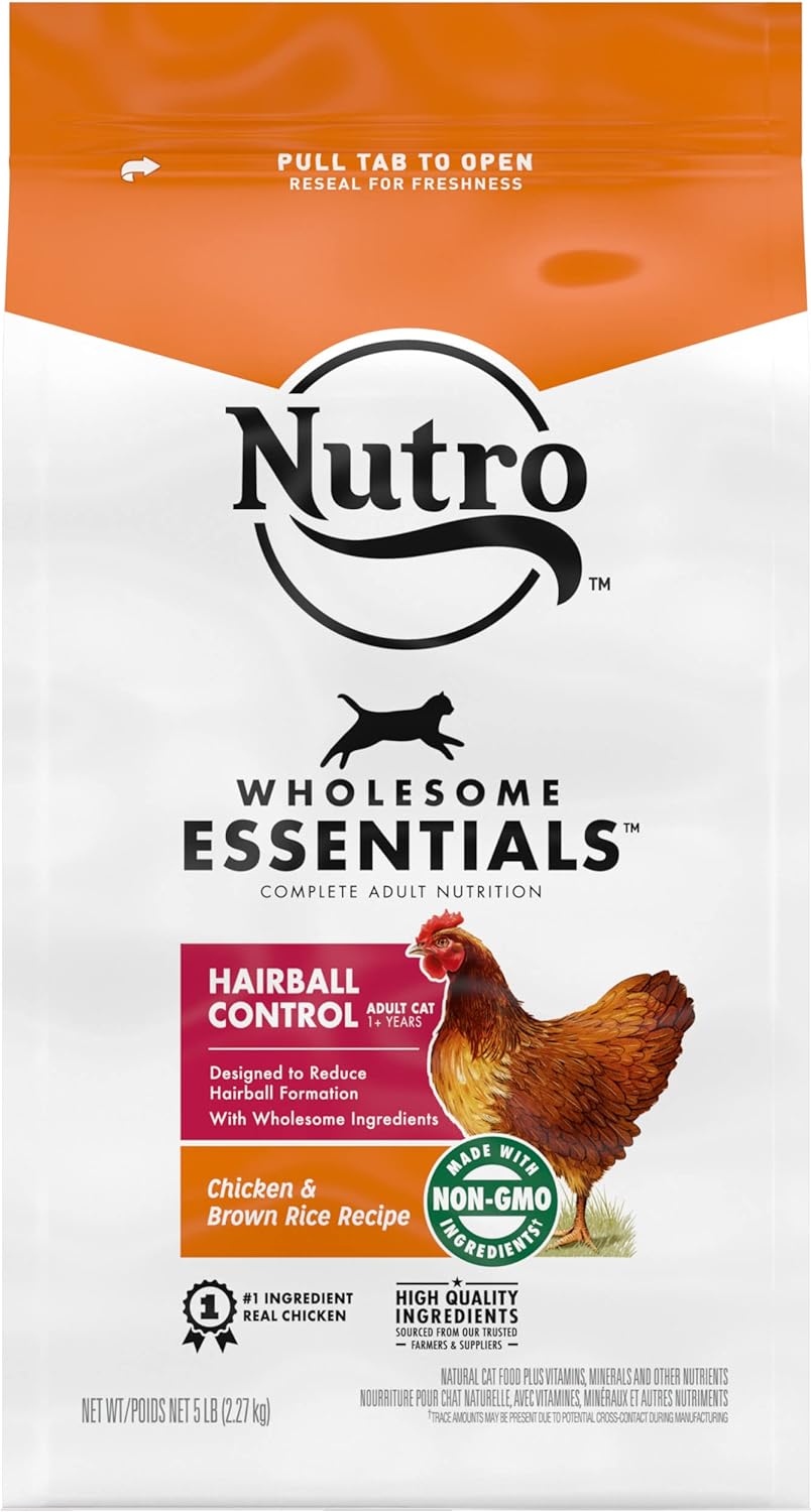 NUTRO WHOLESOME ESSENTIALS - Alimento seco natural para gatos, control de bola de pelo para gatos adultos, receta de pollo y arroz integral, croquetas para gatos, bolsa de 5 libras