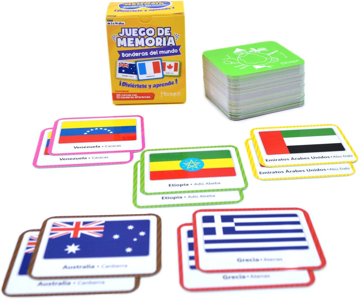 Juego de Memoria de Banderas Menique, 100 Fichas, 50 Pairs