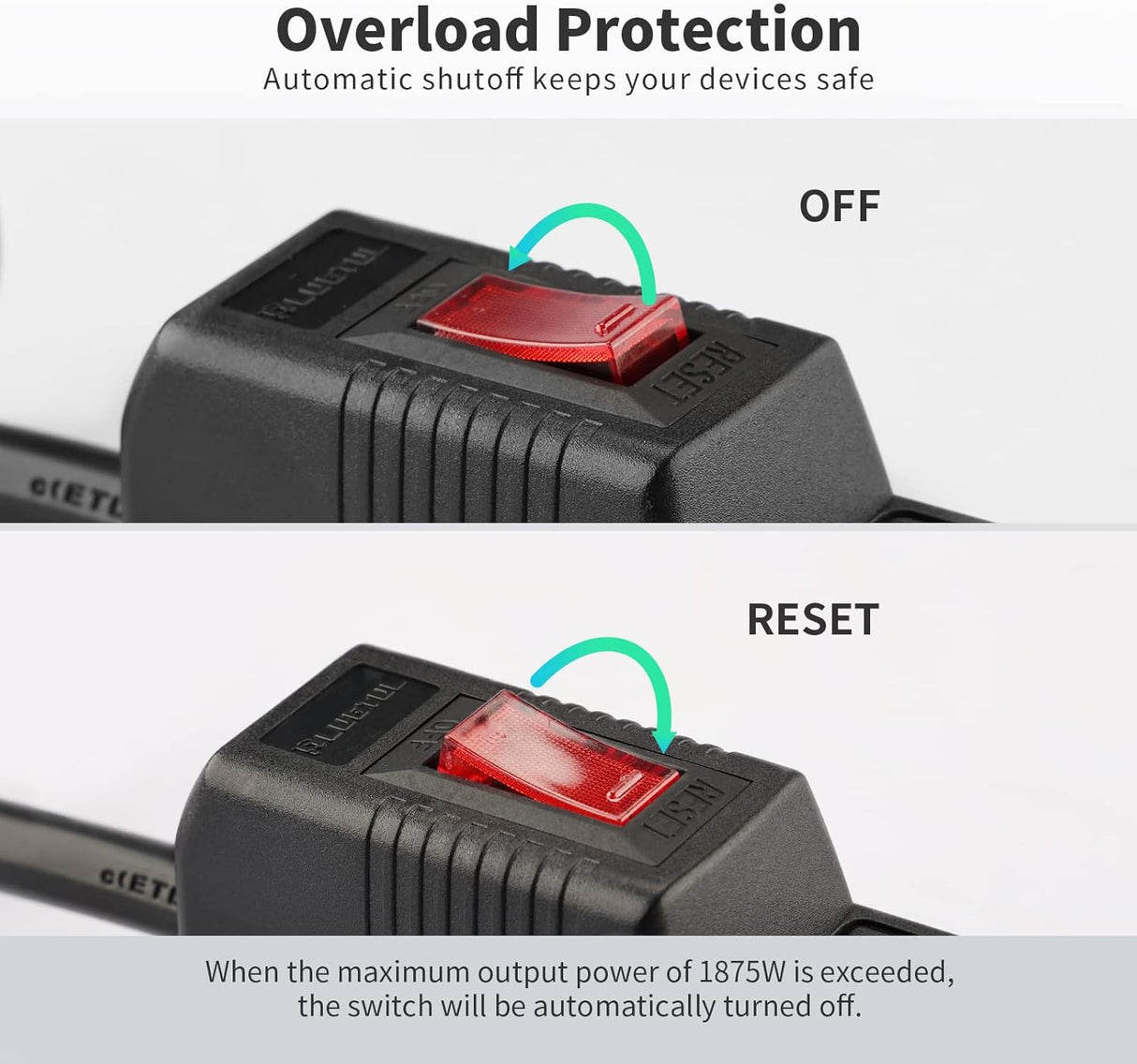 PLUGTUL Paquete de 2 protectores de sobretensiones con 6 tomas de corriente y cable de extensión de 2 pies, 1875 W/15 A, 90 julios, protección contra sobrecargas y sobretensiones, soporte de pared