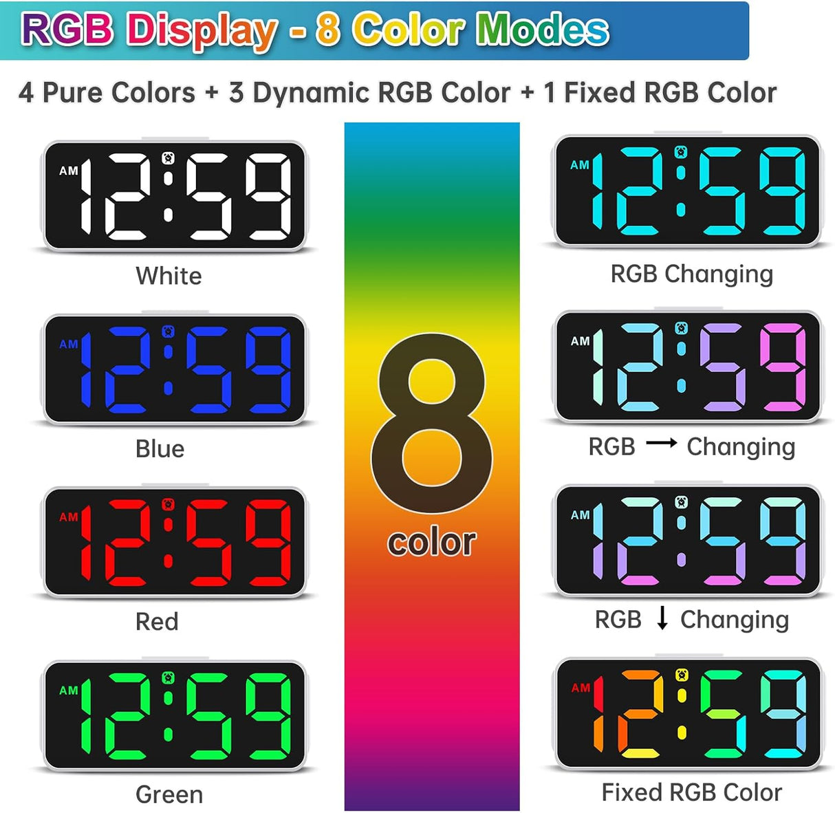 Reloj Despertador Digital Pequeño, Pantalla RGB, Dimmable