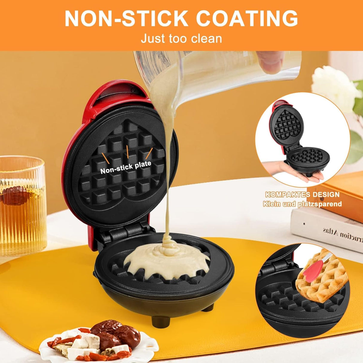 Mini Waffle Maker, diseño corazón, fácil de limpiar, 4 pulgadas