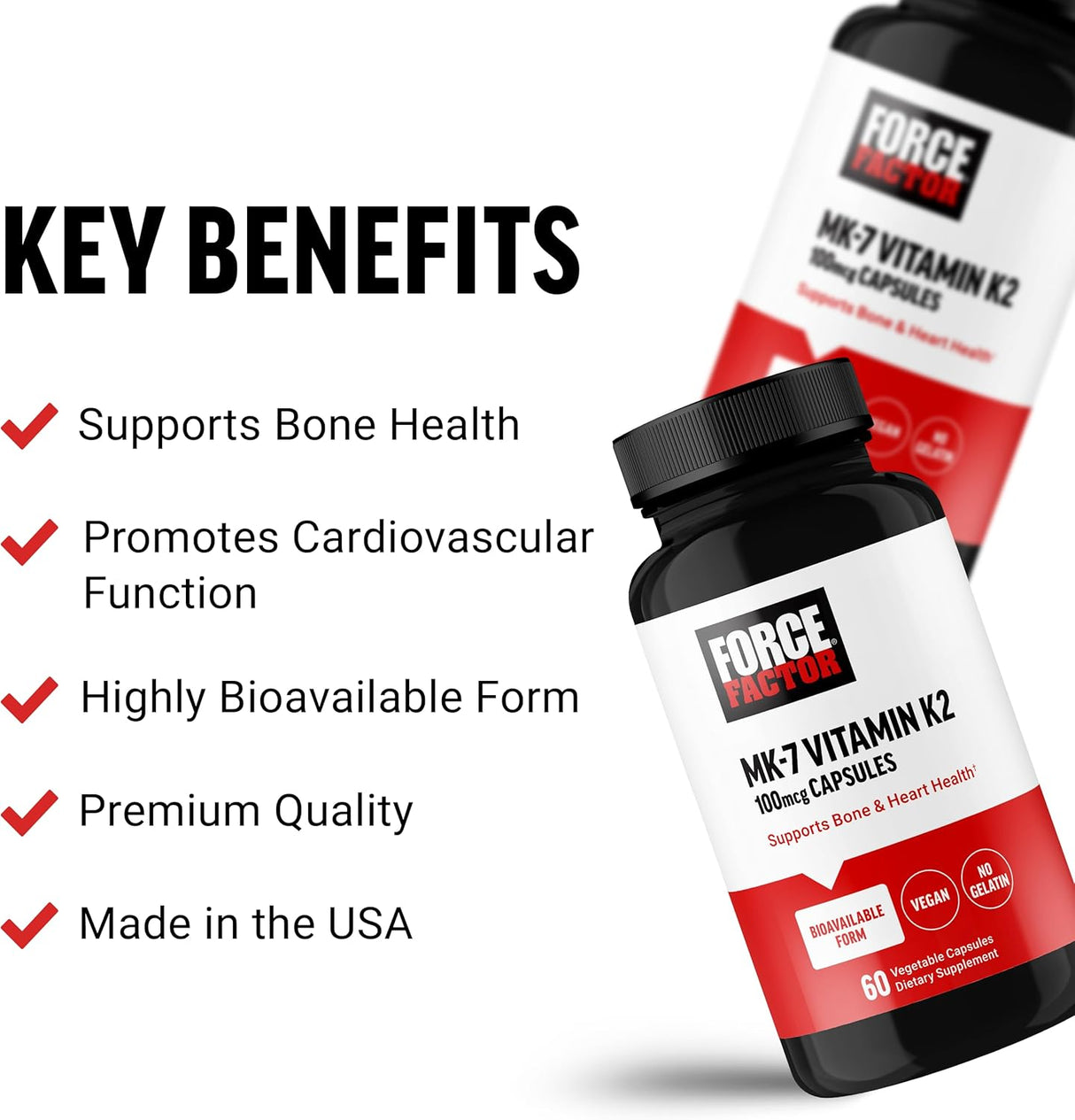 Force Factor MK-7 Vitamina K2 100mcg, Salud Ósea y Corazón, 60 Cápsulas