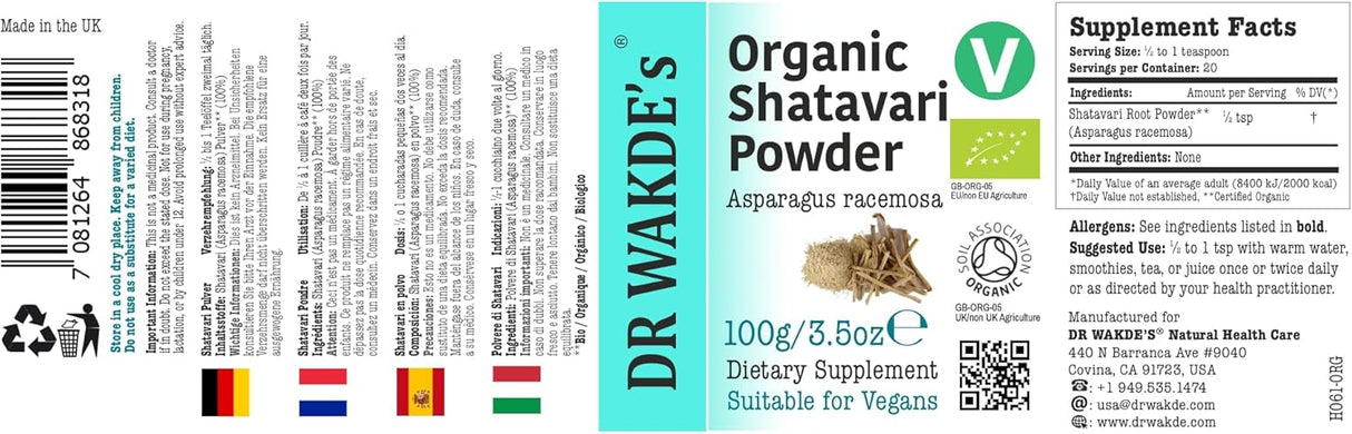 Polvo de Shatavari Orgánico de Dr Wakde, 100g, Vegano, Puro