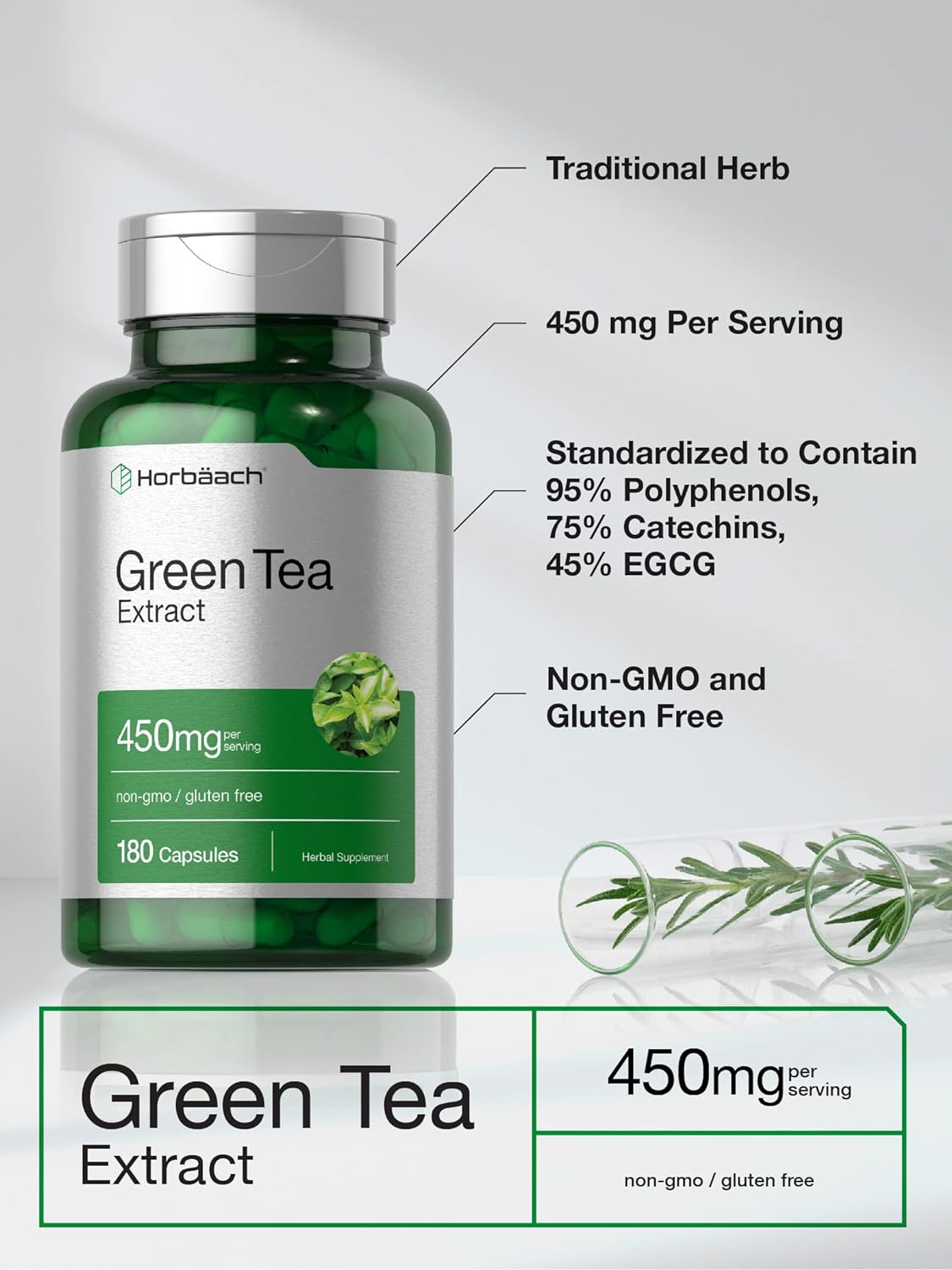 Suplemento Horbaach de extracto de té verde de 450 mg 180 u