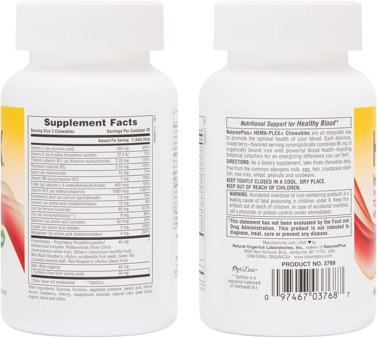 NaturesPlus Hema-Plex Iron - 60 masticables de bayas mixtas - 85 mg de hierro elemental - Salud total de la sangre - con vitamina C y bioflavonoides - Vegano, sin gluten - 20 porciones