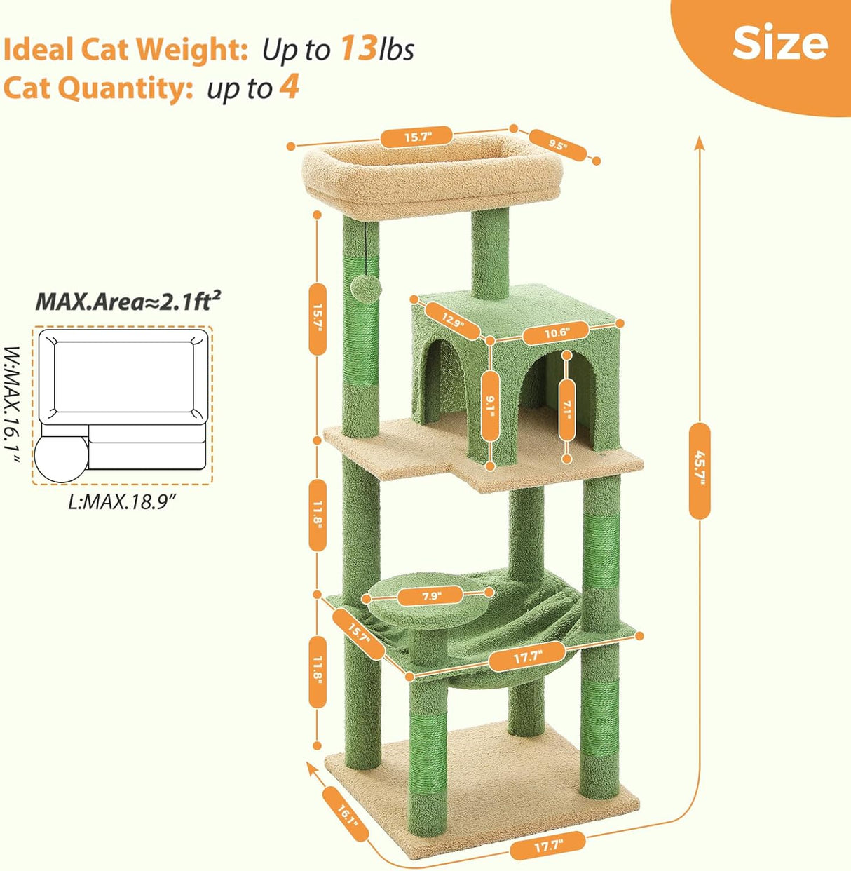 Árbol para gatos PETEPELA 45.7, torre con hamaca grande