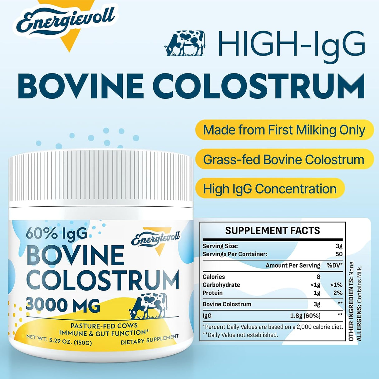 Suplemento de Colostro Bovino 3000 mg 60% IgG, 50 Porciones