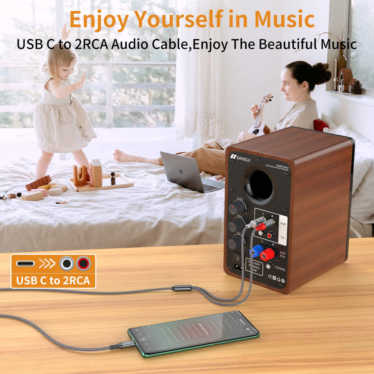 Cable de audio USB C a 2 RCA 6.6 pies tipo C a RCA macho