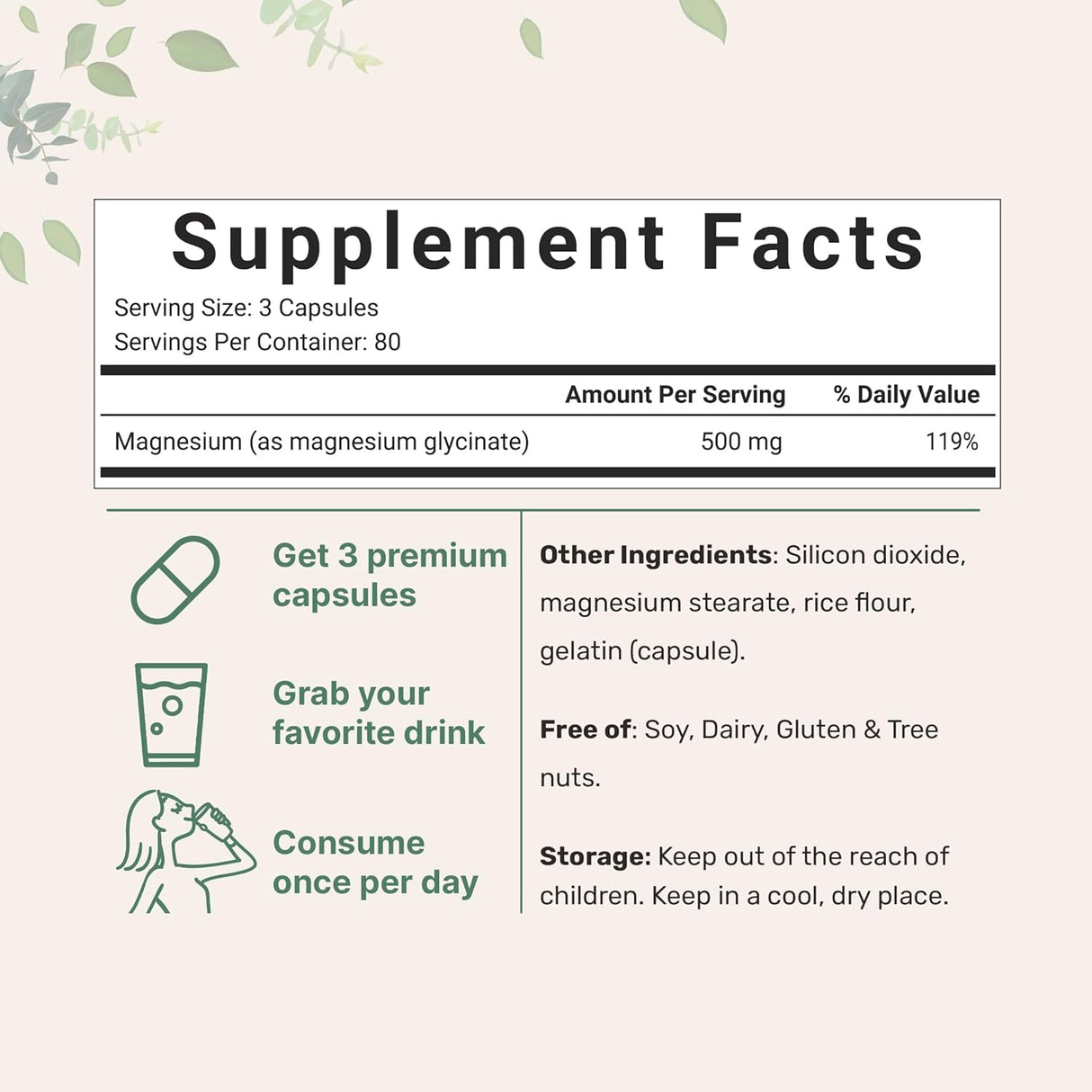 Suplemento Glicinato de magnesio 400 mg con vitamina C 200 u