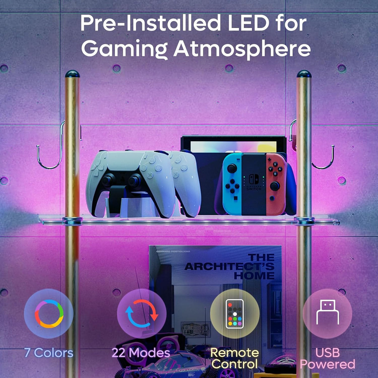 Estantes Flotantes LED Bestier, 2 Niveles con Barra y Ganchos